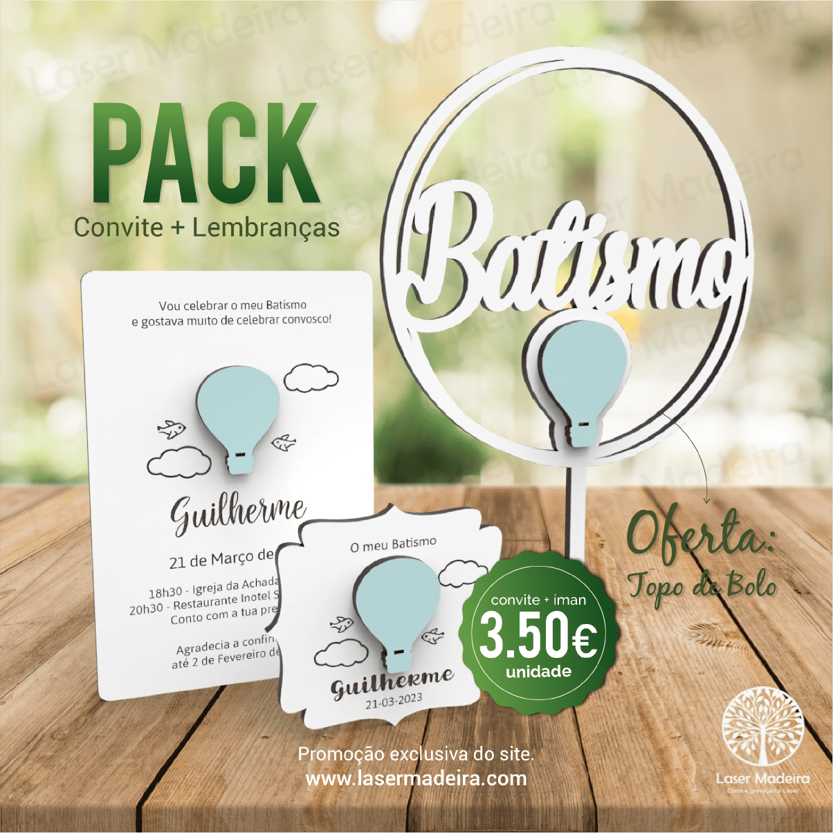 Convite Batismo / Primeira Comunhão / Profissão de Fé / Crisma - e Lembrança íman com aplique Balão - PACK - Laser Madeira